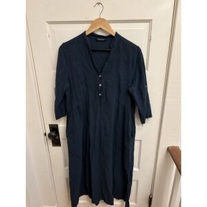 Francesca‎ Bettini Women's Navy Linen Maxi Dress Pockets Roll Tab Sleeves Small